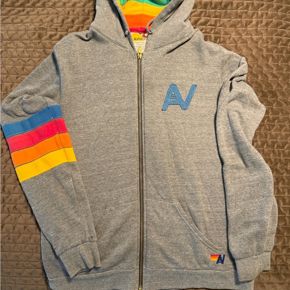 Aviator Nation Kids Grey Zip Hoodie with Rainbow Sleeve Stripes